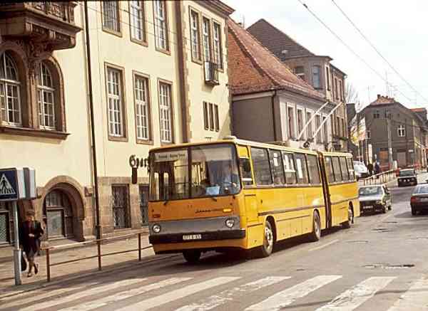 Articulated trolleybus no. 023 of the Hungarian type Ikarus 280.93 with original colour