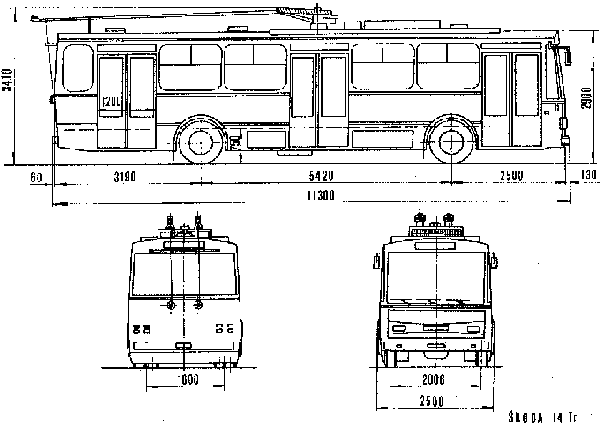 Sketch with measures of the trolleybus of the Czech type ŠKODA 14 Tr