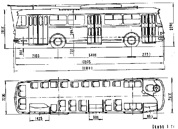 Sketch with measures of the trolleybus of the Czech type ŠKODA 9 Tr