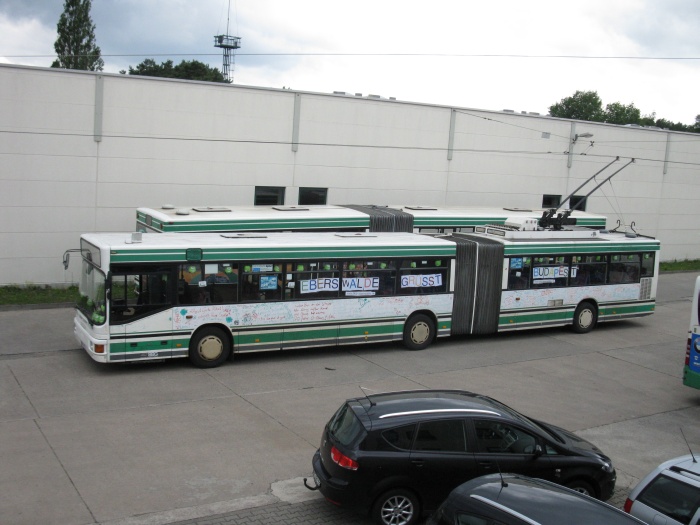 Gelenkobus 011 mit "Strippis" und "Eberswalde grüßt Budapest" in deutscher und ungarischer Sprache dekoriert