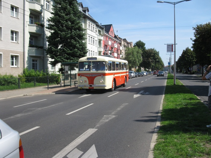 Der Škoda 8 Tr mit seinem freundlichen tschechischen Fahrer zieht voll besetzt seine "gleislose Bahn" in
Richtung Finow