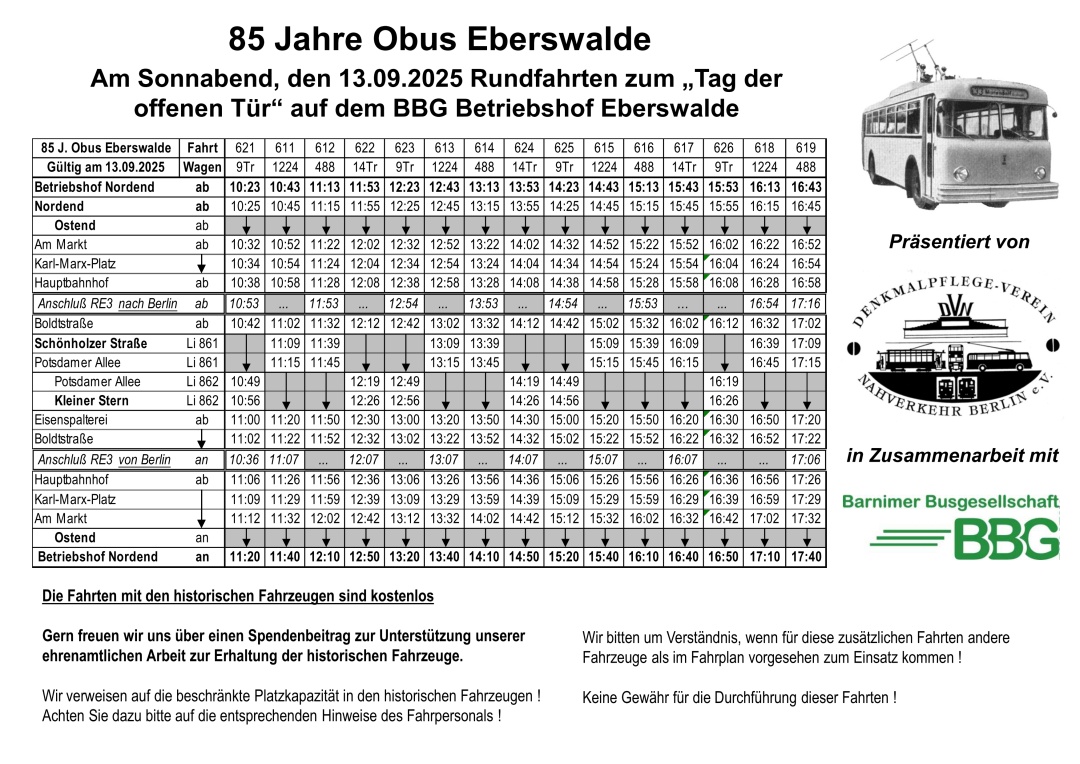 Sonderfahrplan f&uuml;r die Rundfahrten mit den historischen Obussen am 13.09.2025